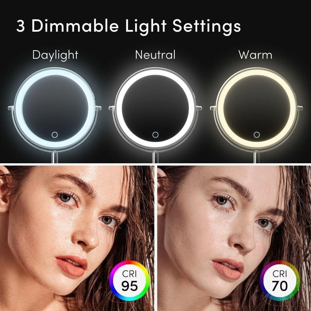 9-Inch Height Adjustable Lighted Makeup Mirror - 10X/1X Magnification & Recha...