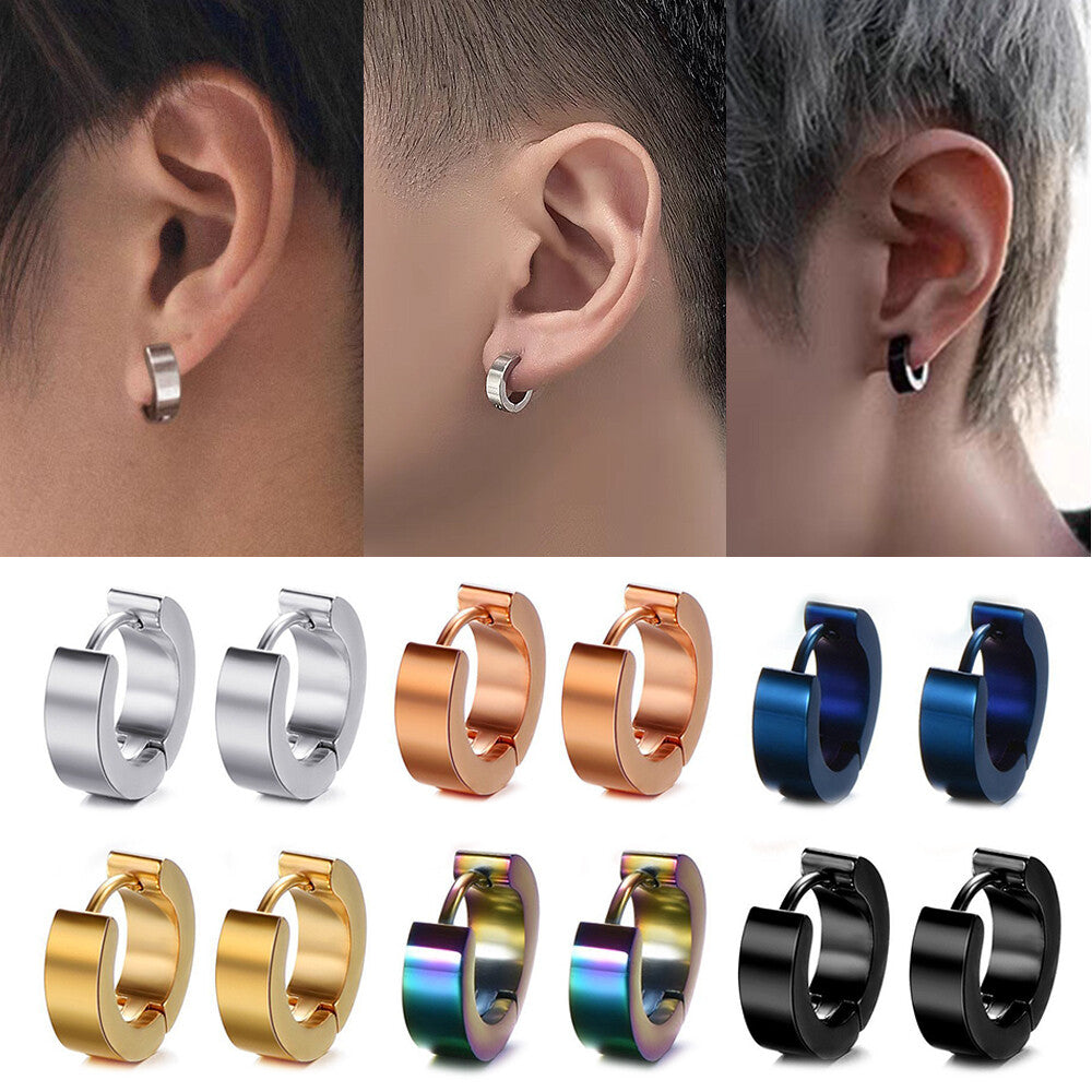 1PAIR Men Women Surgical Stainless Steel Silver Thick Round Huggie Hoop Earrings