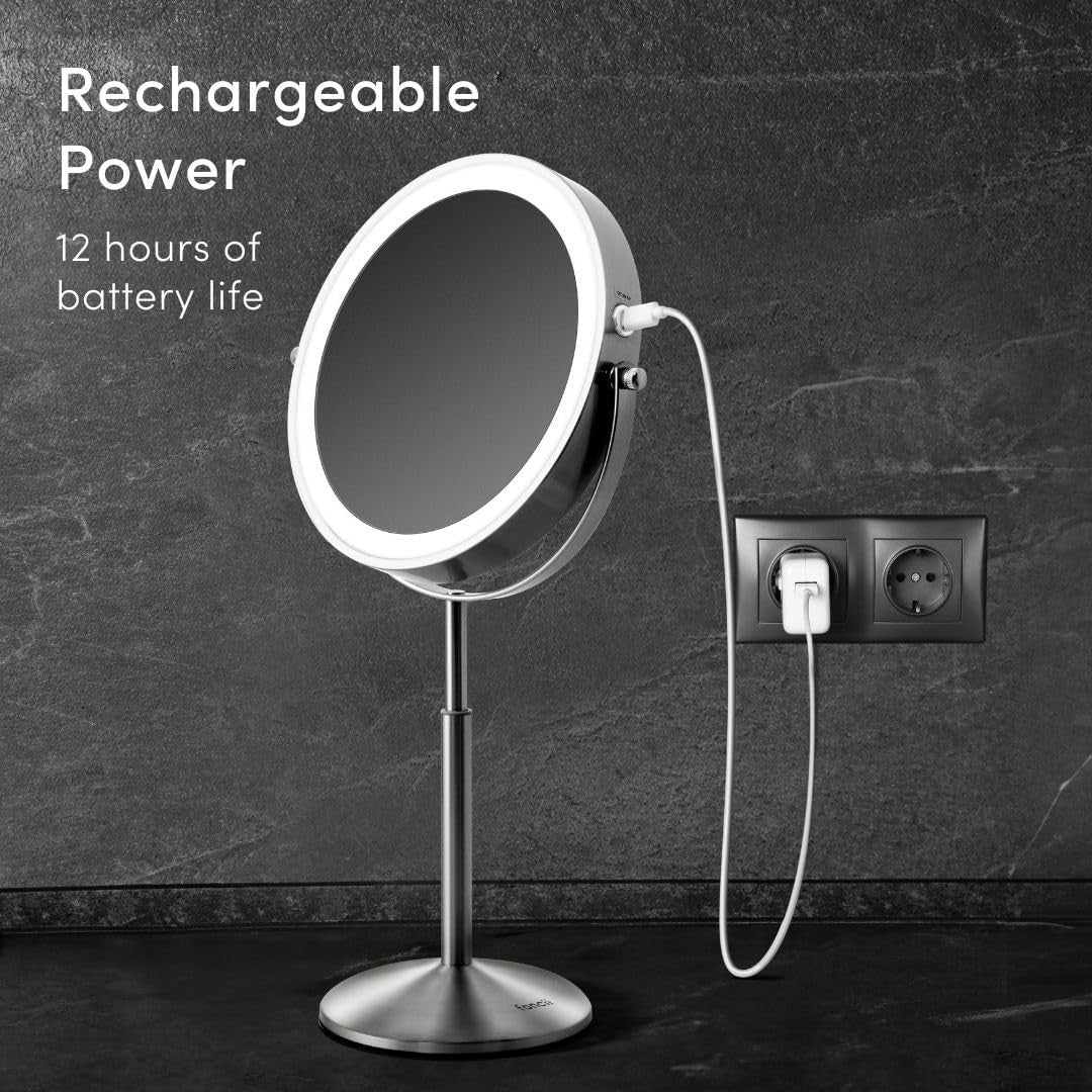9-Inch Height Adjustable Lighted Makeup Mirror - 10X/1X Magnification & Recha...